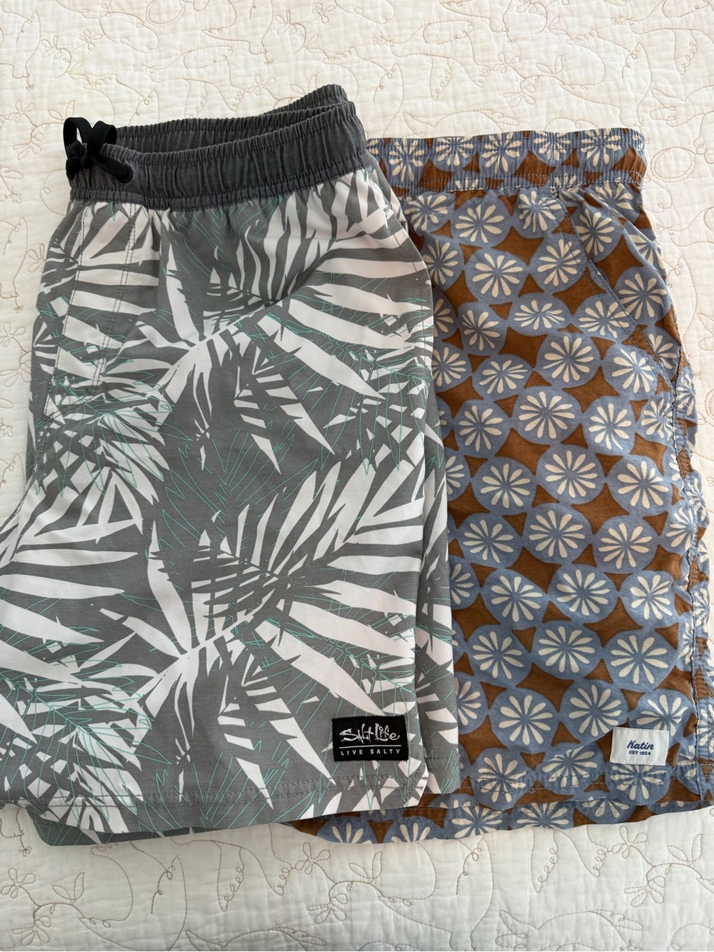 Salt Life Gray, White & Teal Palm Print Swim Shorts and Katin Brown & Blue Swim